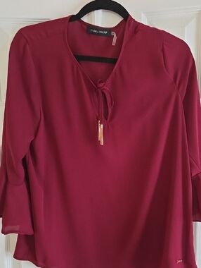 Ivanka Trump Women's Wine Tie-Neck Blouse with Rose Gold Tassels